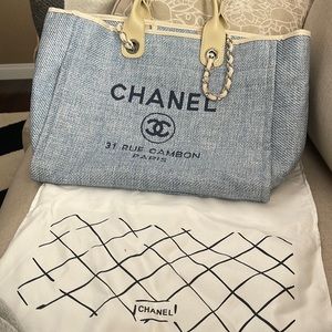 Chanel handbag and a blue tweed-ISH fabric